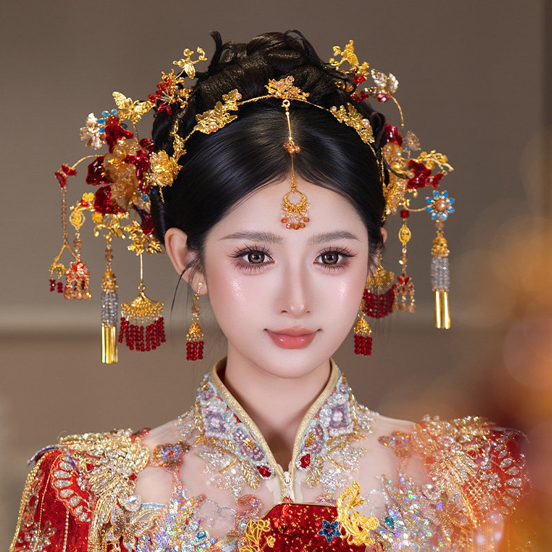 中式新娘发饰红金色凝胶花高级感发箍眉心坠蝴蝶发钗流苏秀禾发饰