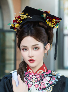 中国风学士帽成品簪花仿真花绒花大学生毕业照硕士帽拍照写真礼帽