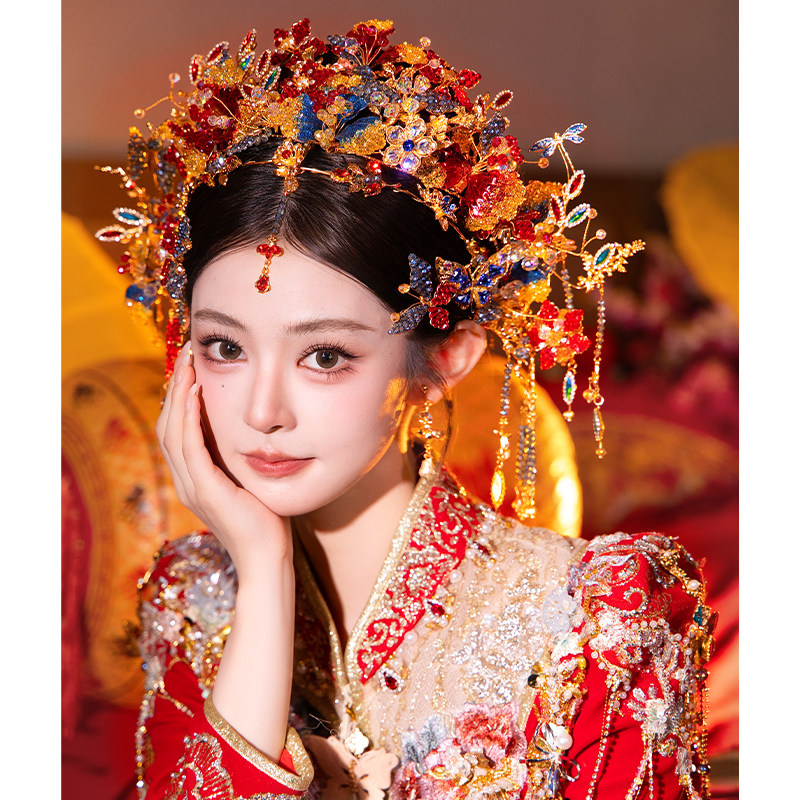 新娘奢华高端精致琉璃半冠套装中式婚礼蓝红色饱满大气秀禾服头饰图片