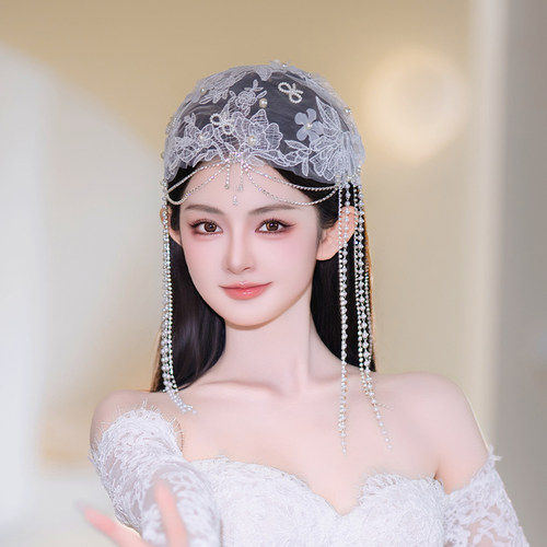 法式浪漫新娘蕾丝花朵发帽复古设计流苏百搭帽子礼服写真拍照配饰