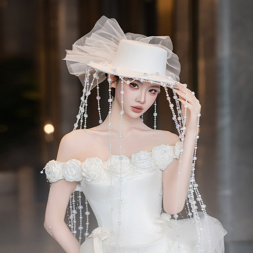 法式复古高级感新娘婚纱头饰白色小众蕾丝蝴蝶结流苏遮面拍照礼帽