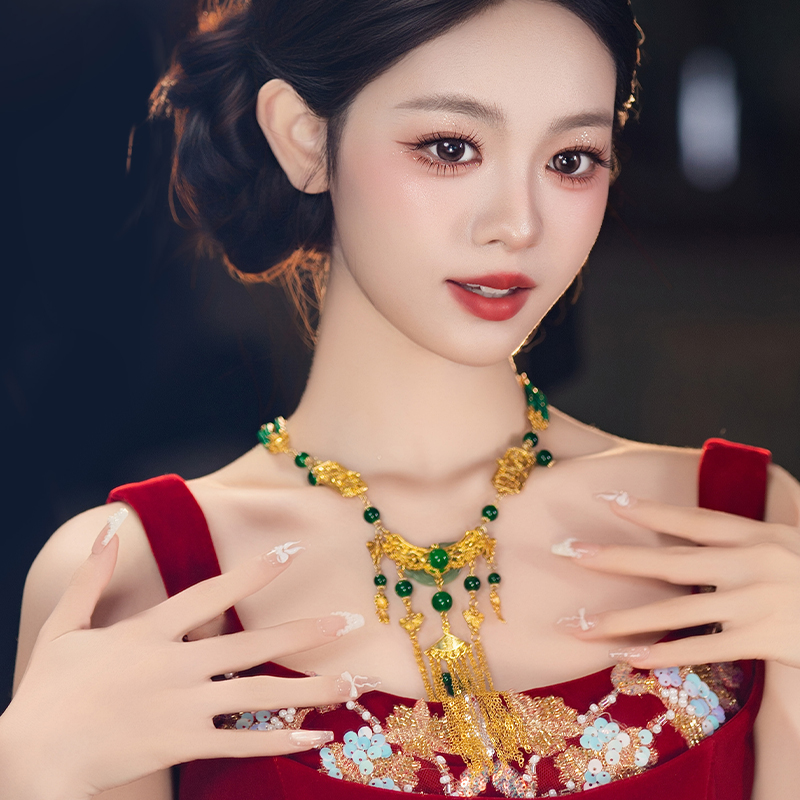 梦瑶中式国风金色项链新娘古典高级流苏富贵风秀禾订婚造型配饰品