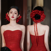 韩式 酒红缎面大肠发圈高级甜美蝴蝶结丝带时尚 新娘敬酒服礼服头饰