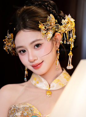 金色花朵流苏新娘头饰品新中式秀禾香槟出门婚饰闪钻婚纱造型发夹