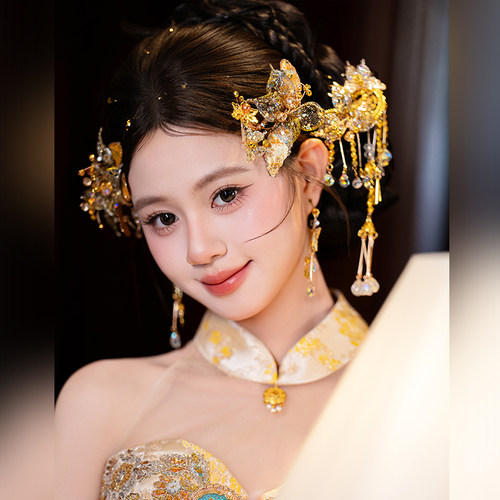 金色花朵流苏新娘头饰品新中式秀禾香槟出门婚饰闪钻婚纱造型发夹