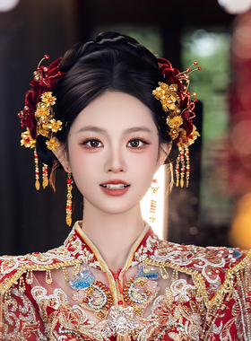 新款新娘头饰新中式手作红色绒花金色花朵爆款精致秀禾服旗袍配饰