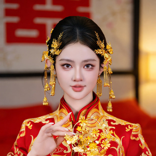 新娘金色发饰古风高级感百搭气质减龄龙凤褂旗袍侧边流苏发饰套装