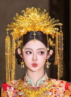 全金色新娘发饰重工奢华古风凤凰大气流苏龙凤褂婚礼结婚质感配饰
