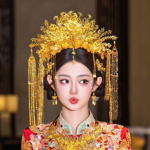 全金色新娘发饰重工奢华古风凤凰大气流苏龙凤褂婚礼结婚质感配饰