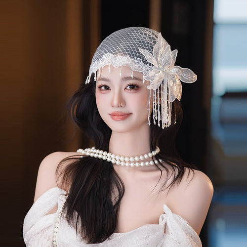 法式新娘复古头饰超仙蕾丝花朵流苏高级感气质婚纱照婚礼造型配饰
