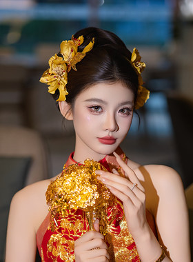 新娘小众原创国风高级大气黄色系仿真花龙凤褂敬酒服极简百搭发饰