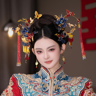 新娘红蓝造液花婚礼减龄古装秀禾中式造型汉服马面裙高级感头饰品