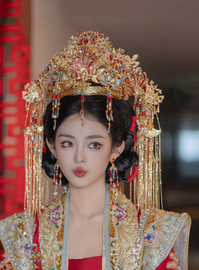 汉服婚礼大冠新娘头饰中式流苏古典华丽金红色古风大气结婚发饰品