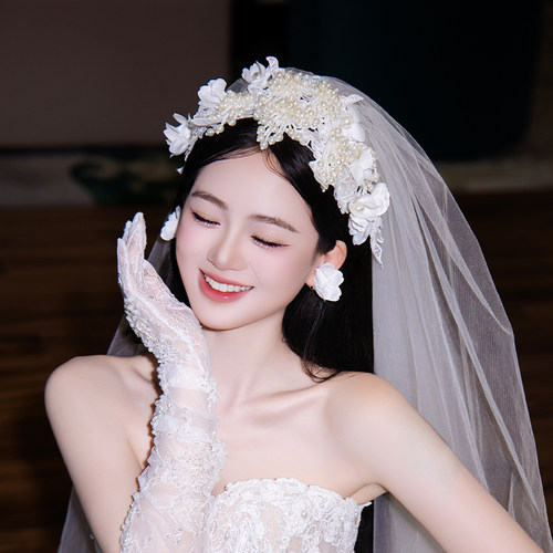 新娘头饰高级感轻奢大气重工韩式珍珠花朵发带婚纱结婚礼服配饰品