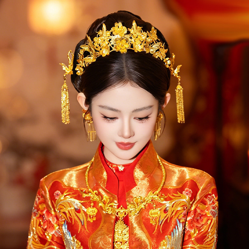 中式新娘头饰小巧精致蝴蝶半冠龙凤褂贵气感婚礼立体凤凰发簪发饰