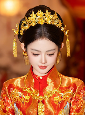 中式新娘头饰小巧精致蝴蝶半冠龙凤褂贵气感婚礼立体凤凰发簪发饰
