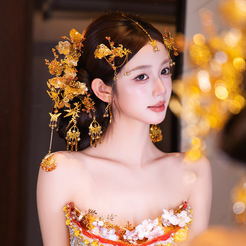 新娘头饰氛围减龄中式婚礼蝴蝶眉心坠龙凤褂富贵重工古典结婚发饰