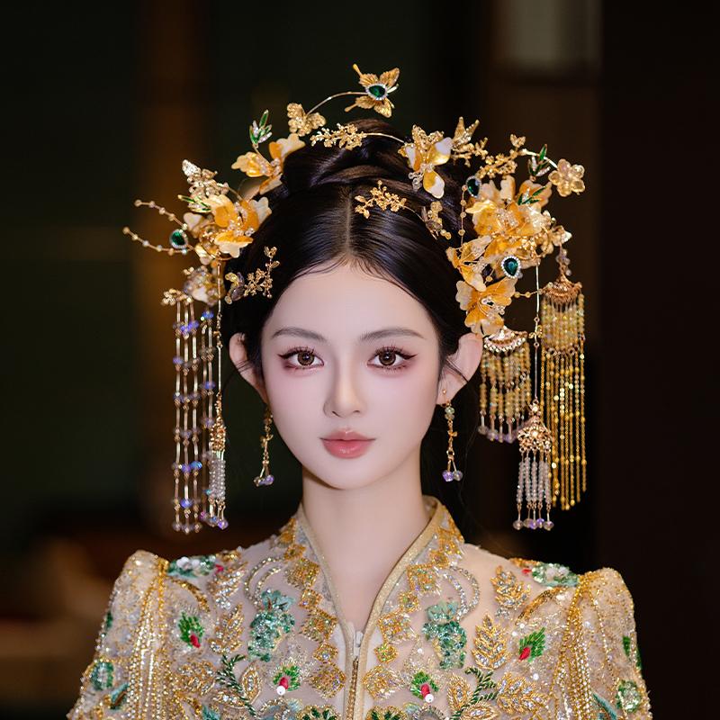 新娘头饰新中式灵动手工金色花朵流苏仙气汉服配饰旗袍结婚发饰品