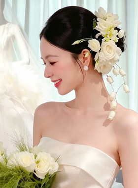 仿真减龄白色花朵发夹小众森系结订婚生日拍照高级感头饰品侧边夹