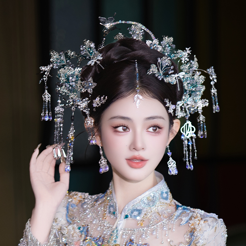 新中式蓝色系水晶蝴蝶发钗唯美古装汉服旗袍头饰新娘传统宫廷发饰