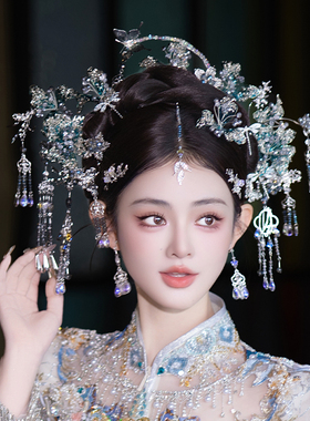 新中式蓝色系水晶蝴蝶发钗唯美古装汉服旗袍头饰新娘传统宫廷发饰