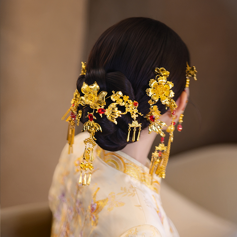 中式新娘头饰金红色古风华丽复古贵气秀禾服龙凤褂花朵婚礼发饰