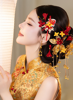 新娘手作金红色古典晨袍小众订婚发饰简约高级国风新中式礼服头饰