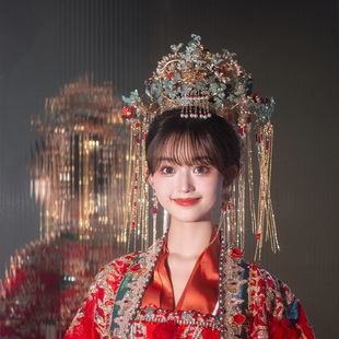 新娘头饰中式大凤冠景泰蓝流苏蝴蝶古典造型汉服婚礼大气结婚发饰