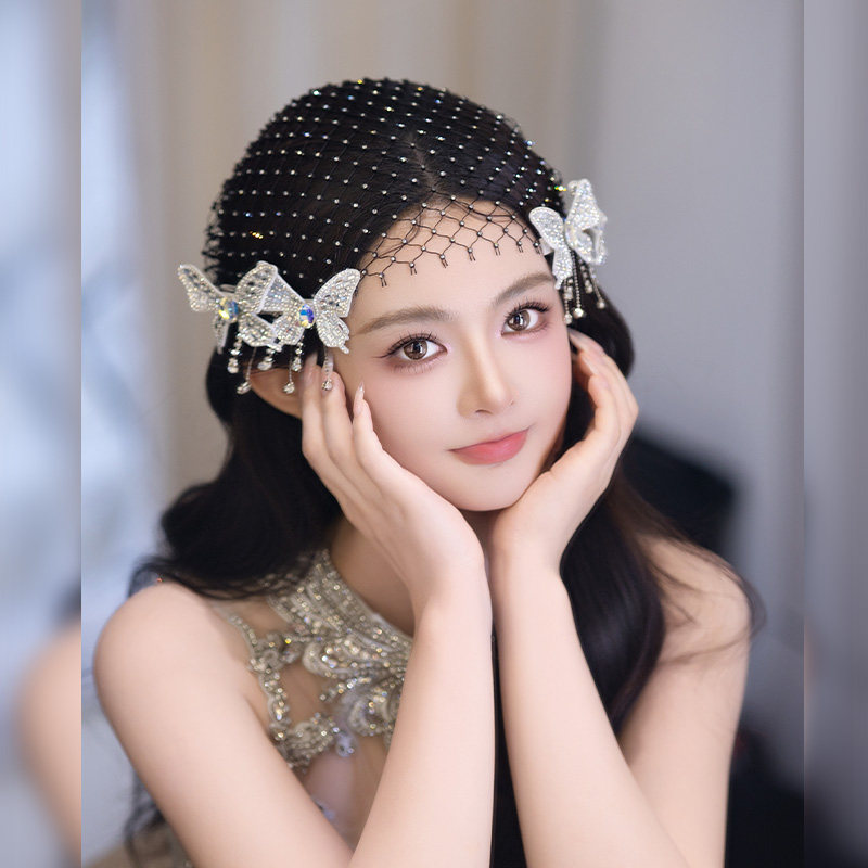 新娘发饰复古法式名媛风闪钻蝴蝶发夹优雅黑色网纱帽婚纱礼服配饰图片