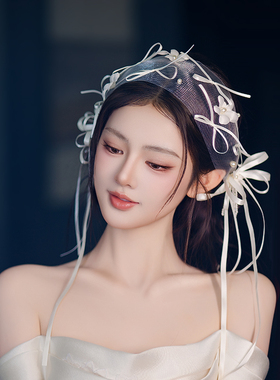 法式新款新娘头饰仙美造型白色蝴蝶结丝带甜美森系花朵珍珠发饰品