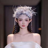 新娘头饰法式 复古氛围感蕾丝羽毛串珠网纱创意帽纱样片婚纱发饰品