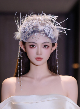 新娘头饰法式复古氛围感蕾丝羽毛串珠网纱创意帽纱样片婚纱发饰品