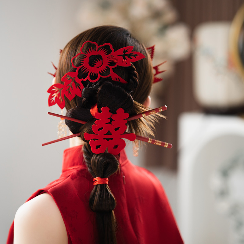 新娘头饰非遗剪纸凤凰造型双喜喜鹊红绳发簪古典国风结婚旗袍发饰