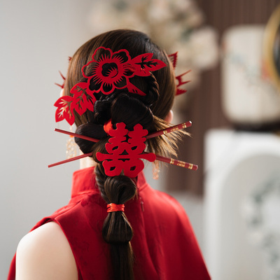 新娘头饰非遗剪纸凤凰造型双喜喜鹊红绳发簪古典国风结婚旗袍发饰