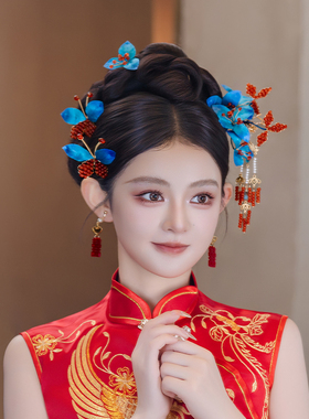 新娘气质小众头饰高级蓝色渐变绒花发簪中式蝴蝶发钗古风旗袍发饰