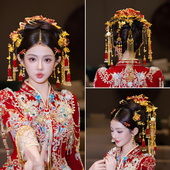 中式 婚礼新娘发饰大后区手工红金色头饰宫廷秀禾服龙凤褂古装 配饰