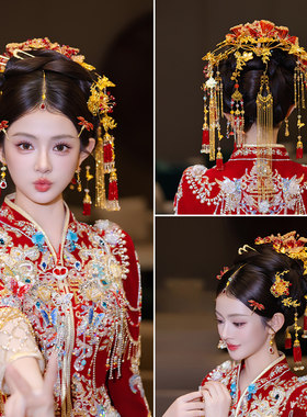 中式婚礼新娘发饰大后区手工红金色头饰宫廷秀禾服龙凤褂古装配饰