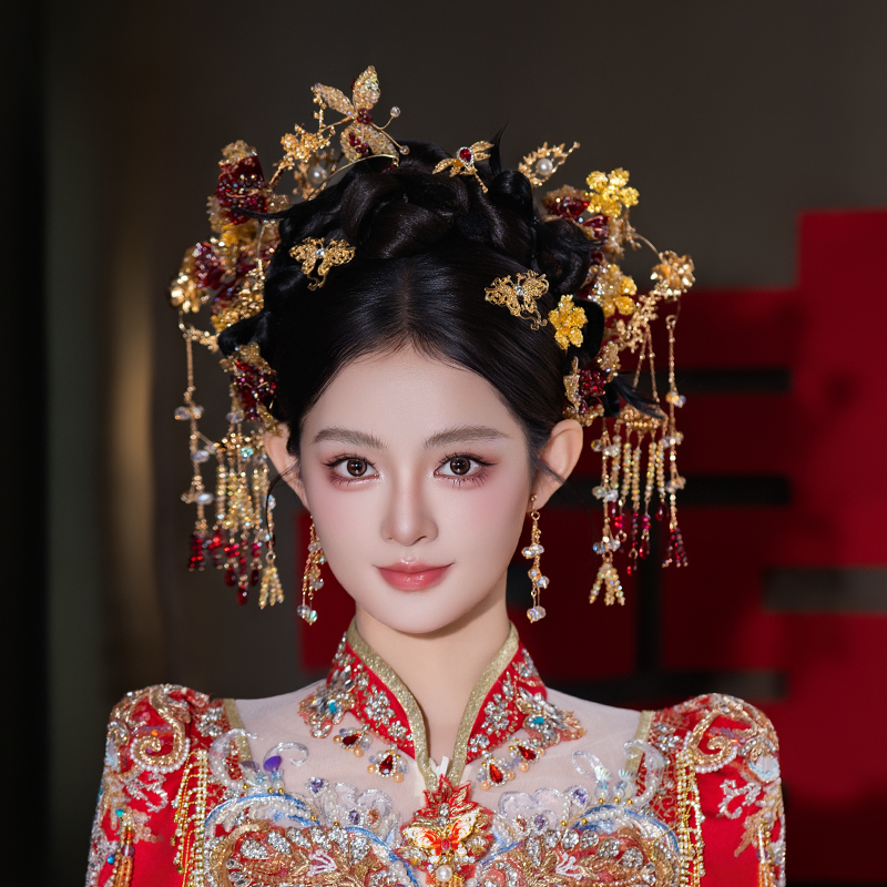 新款中式新娘红色花朵蝴蝶流苏手工古风汉服秀禾汉服头饰结婚发饰