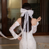 高级感唯美优雅长款 新款 新娘头饰法式 蕾丝蝴蝶结飘带婚纱礼服配饰