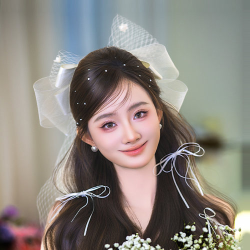 新娘发饰新款2025缎面网纱蝴蝶结发夹唯美温柔婚纱礼服写真配饰品