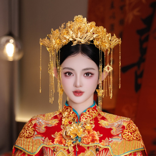 全金色凤凰流苏凤冠古典新娘中式婚礼精致后区国风高级龙凤褂头饰