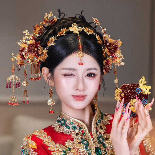 中式新娘发饰古风婚礼造液花红色系手作流苏传统秀禾高级古典头饰