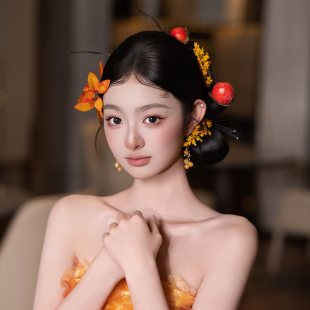 新娘头饰柿柿如意仿真柿子橘色系结婚配饰新款 古风发饰 创意新中式