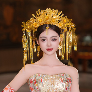 2025中式新娘婚礼秀禾服汉服龙凤褂发饰奢华金色长流苏大凤冠配饰