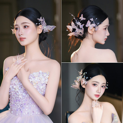 韩系新娘发饰仙气减龄粉色蝴蝶侧边羽毛高级质感晚宴婚纱少女配饰