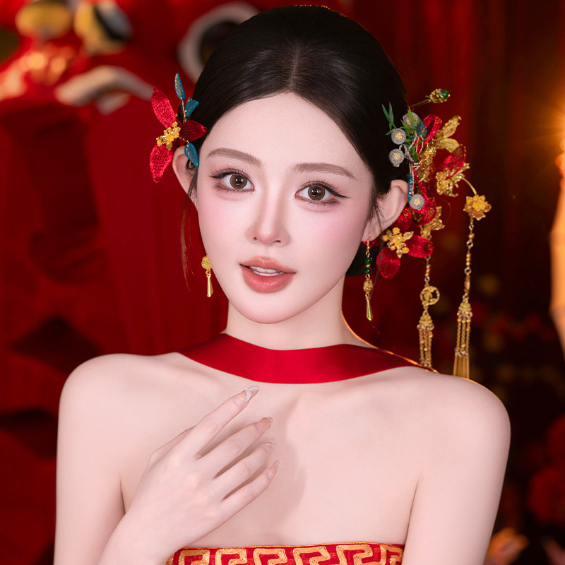新中式新娘头饰红色手作拉丝花朵发钗金色流苏马面裙旗袍发饰套装