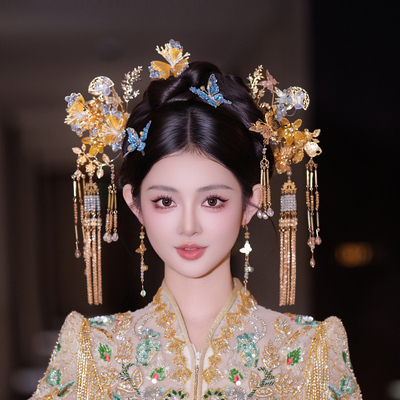 新娘中式造型古风蝴蝶花朵浅色复古减龄流苏发簪秀禾服结婚发饰品