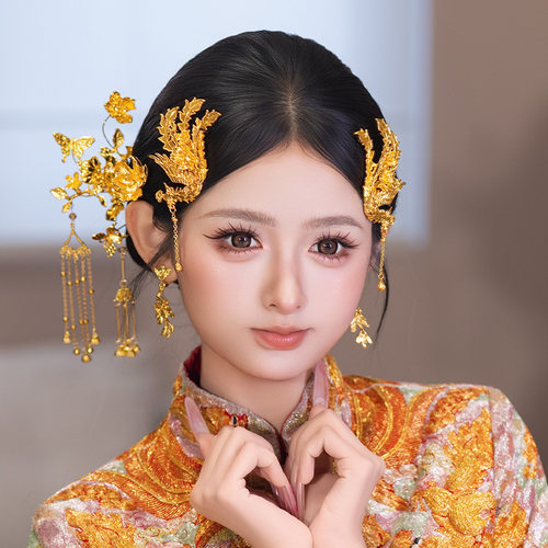 中式新娘头饰全金色凤凰侧边花朵发簪简约龙凤褂婚礼古典精致发饰
