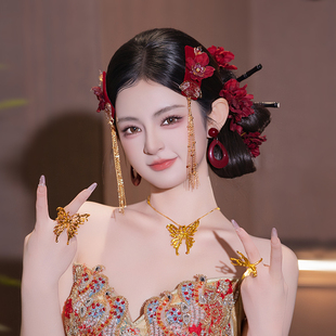 新娘酒红色花朵订婚头饰新中式古典金色扇子流苏发夹套装旗袍配饰