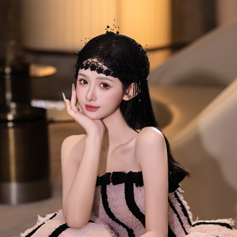 法式浪漫新娘蕾丝花朵发帽黑色复古设计流苏高级感礼服甜美配饰品